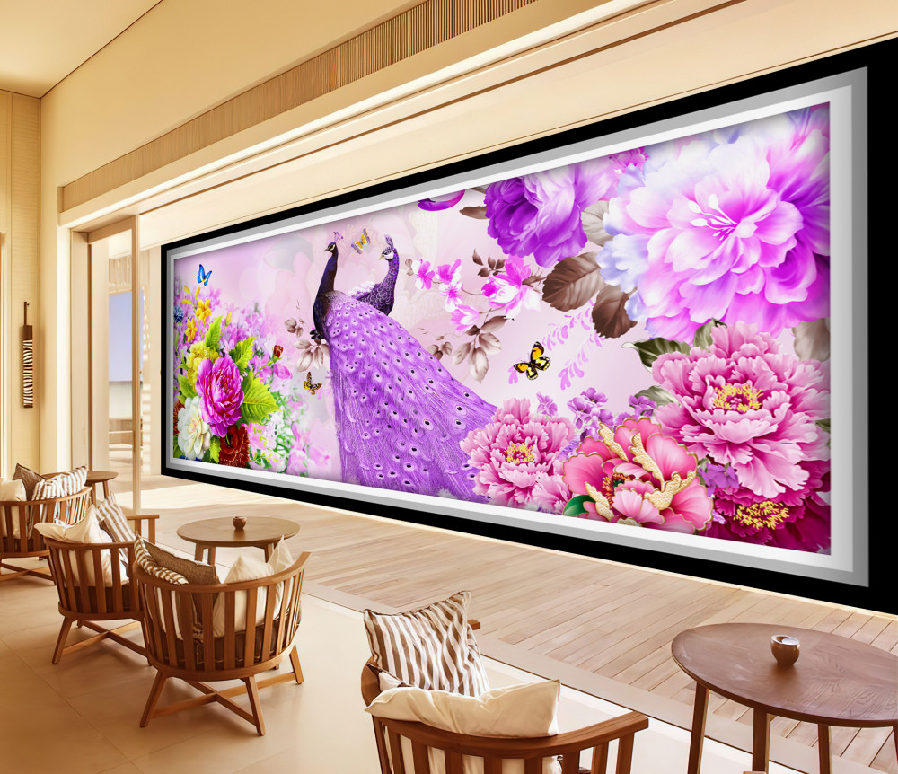 Fototapeta dwa fioletowe pawie wśród kwiatów