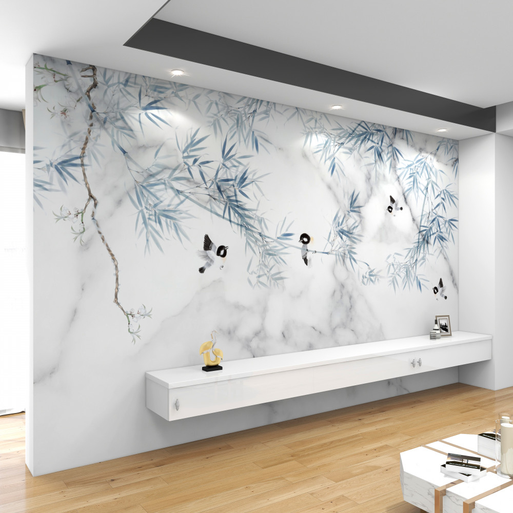 Fototapeta ptaki na gałęziach białego marmuru