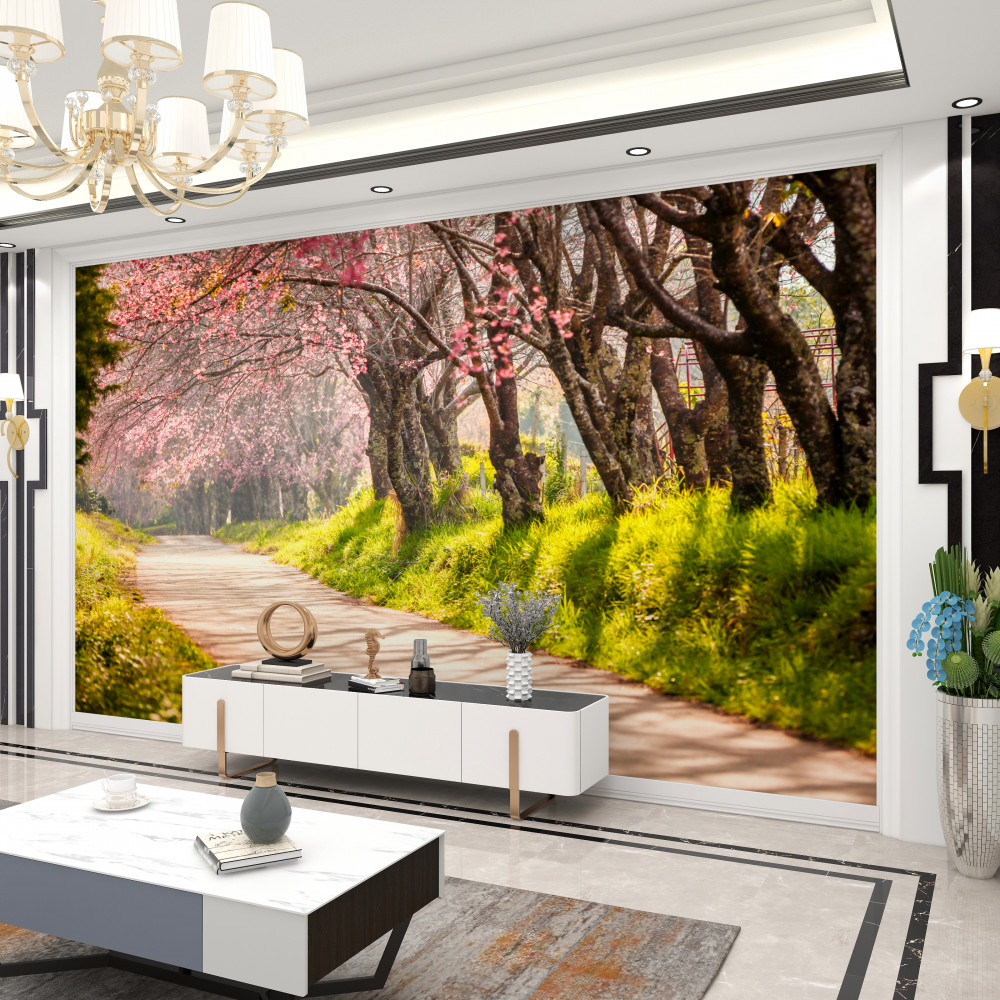 Fototapeta kwitnące drzewa przy cichej drodze