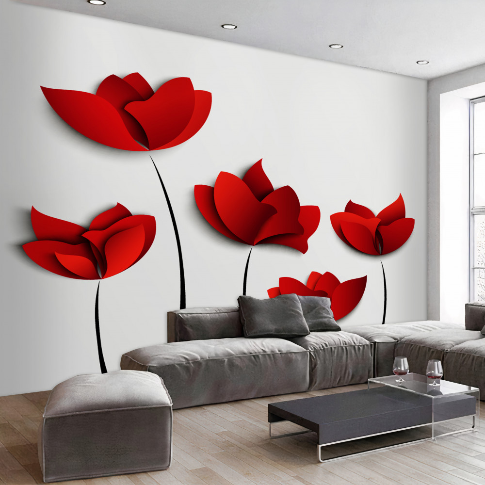 Fototapeta czerwone kwiaty na śnieżnobiałym tle