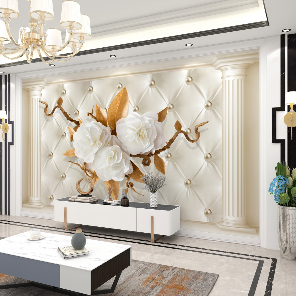 Fototapeta białe kwiaty i złote gałązki