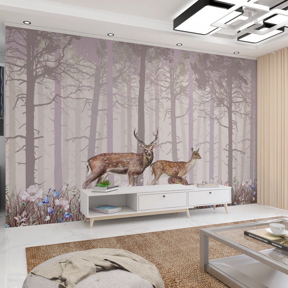 Fototapeta rodzina jeleni w mglistym lesie sosnowym