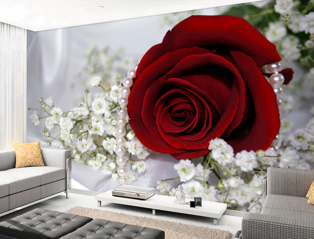 Fototapeta czerwona róża ze stokrotkami na jedwabiu