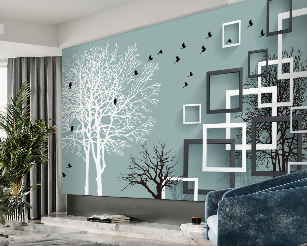 Fototapeta powalone drzewa zimą i latające ptaki