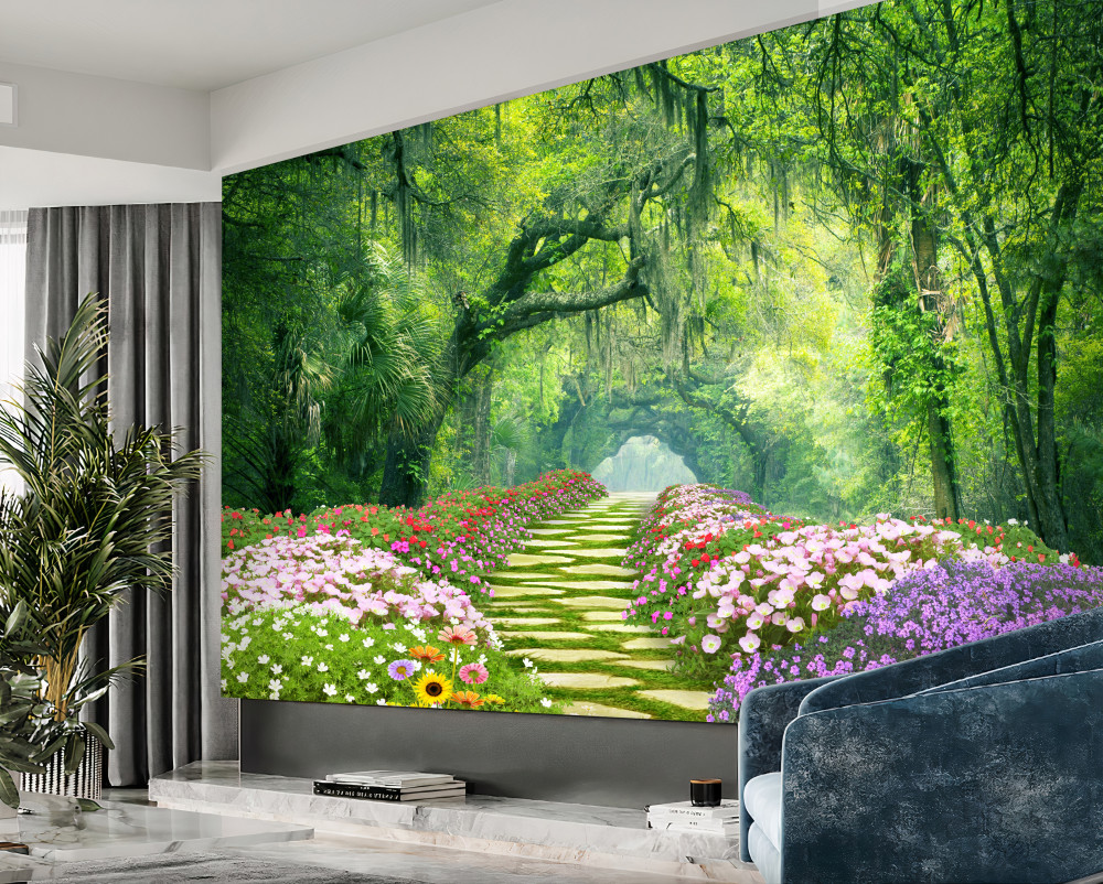 Fototapeta ścieżka w kwiatach prowadząca do zielonego lasu