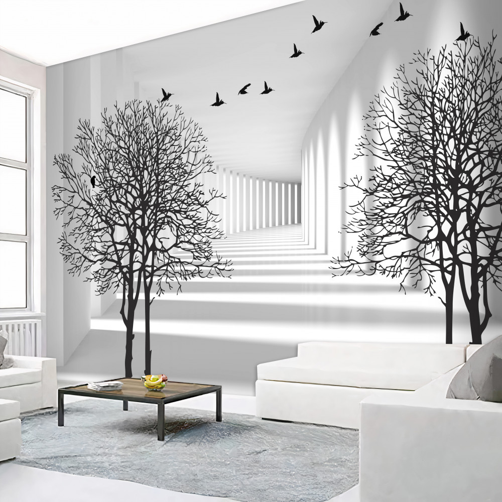 Fototapeta powalone jesienne drzewa i latające ptaki