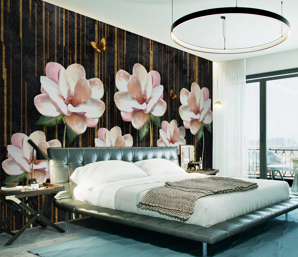 Fototapeta kwiaty i motyle na czarnym i złotym tle