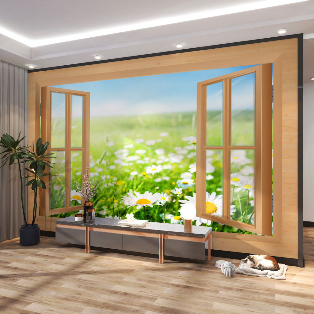 Fototapeta łąka stokrotek przy oknie