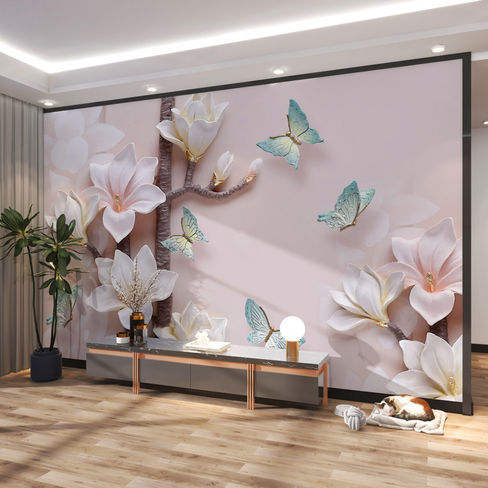 Fototapeta białe kwiaty i niebieskie motyle