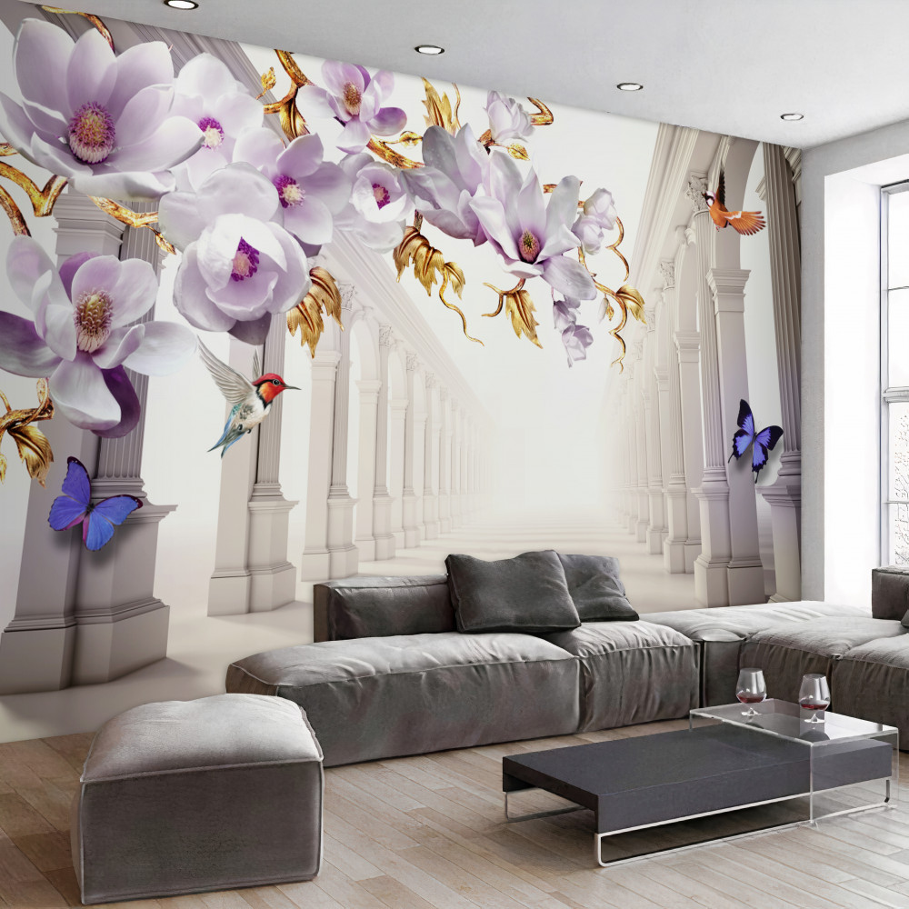 Fototapeta motyle na jasnych kwiatach w niekończącym się tunelu