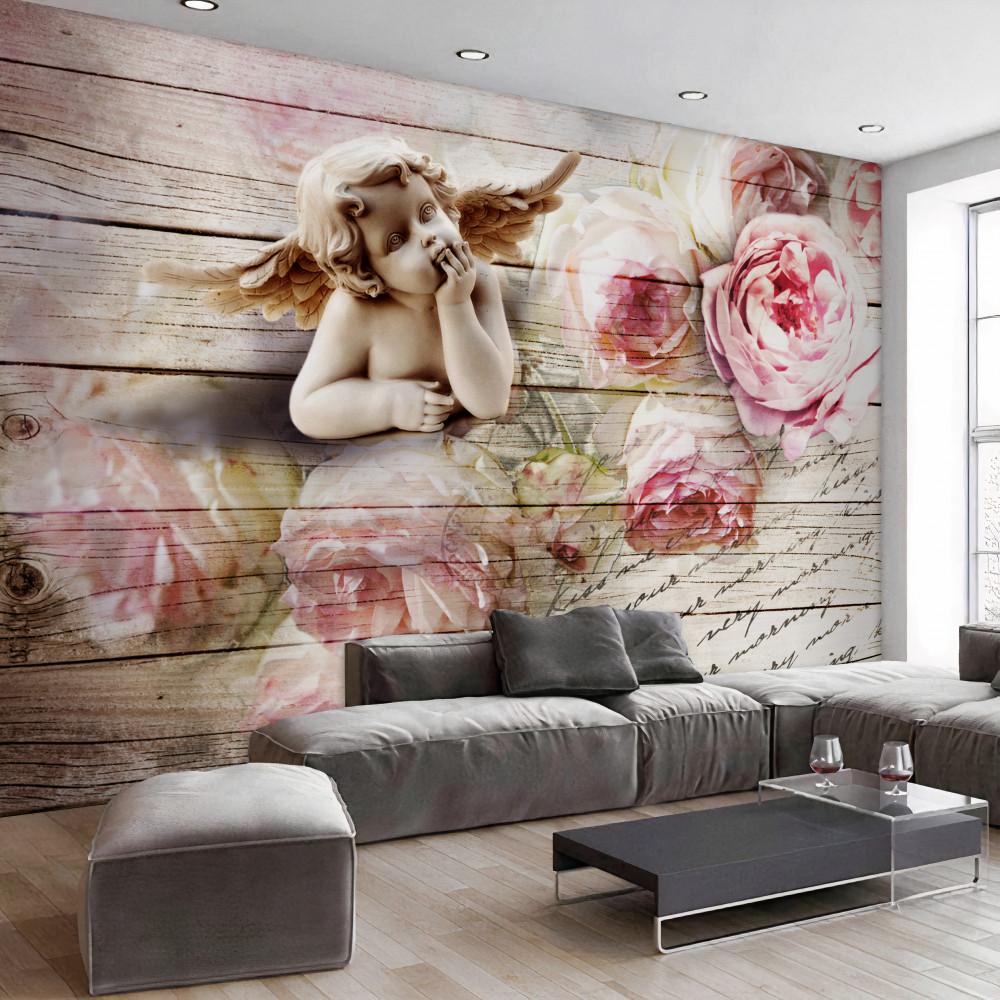 Fototapeta zamyślony anioł i różowe róże