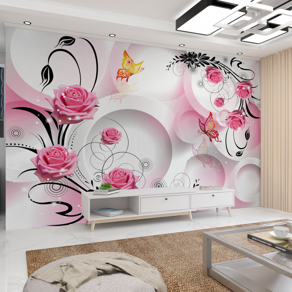 Fototapeta kompozycja różowych róż z czarnymi gałęziami