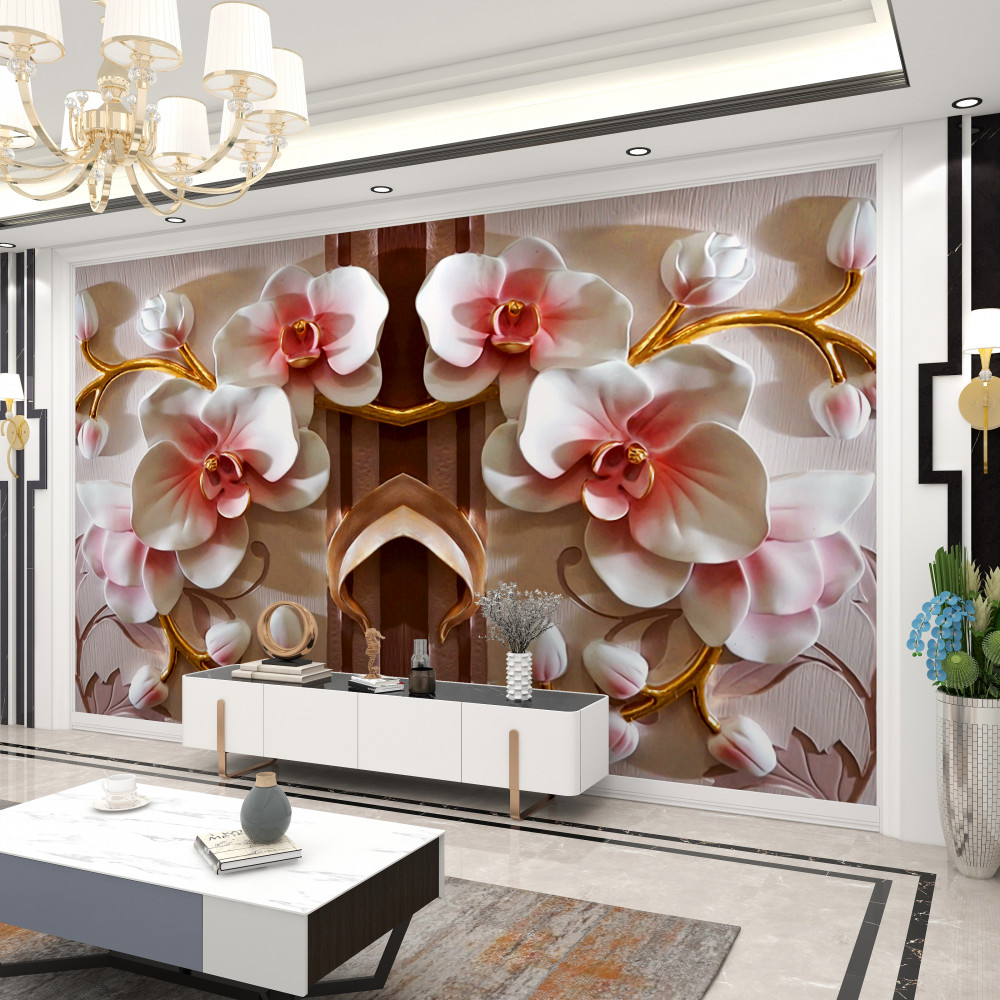 Fototapeta delikatne białe orchidee na złotych gałęziach