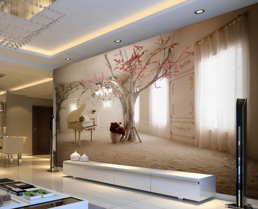 Fototapeta fortepian i drzewo na środku pokoju