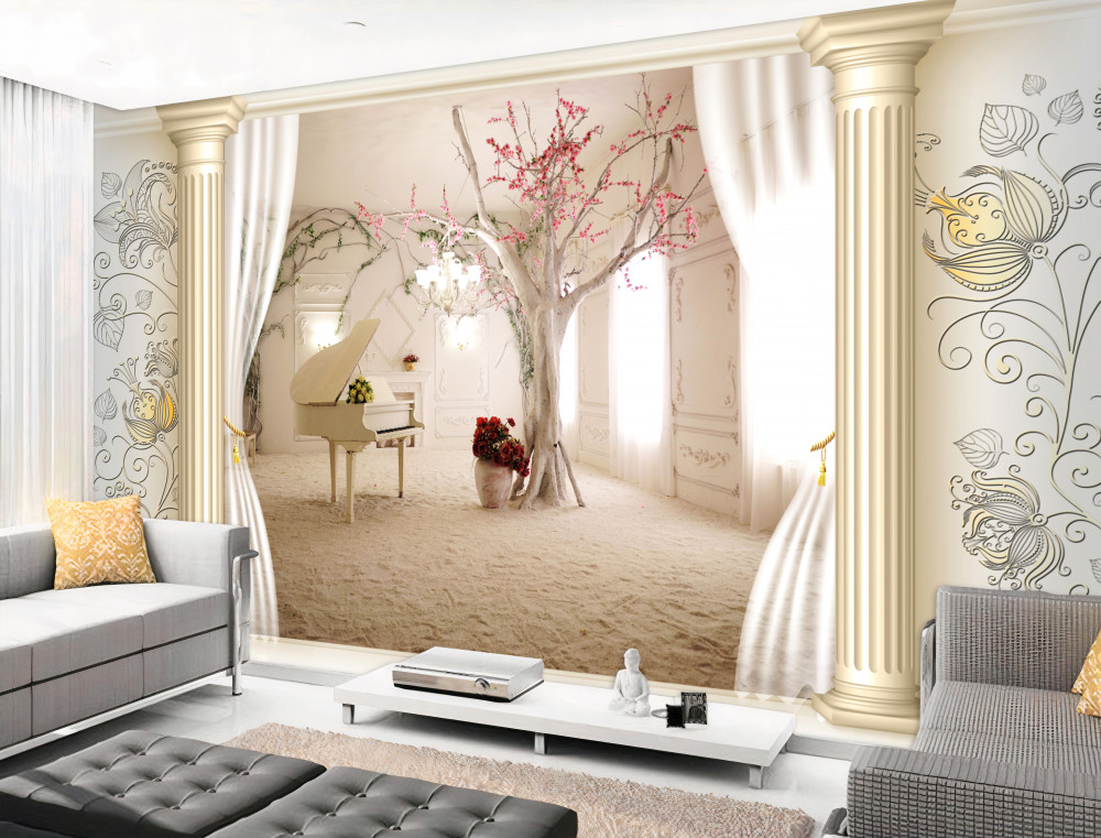 Fototapeta przytulny salon z żywym drzewem