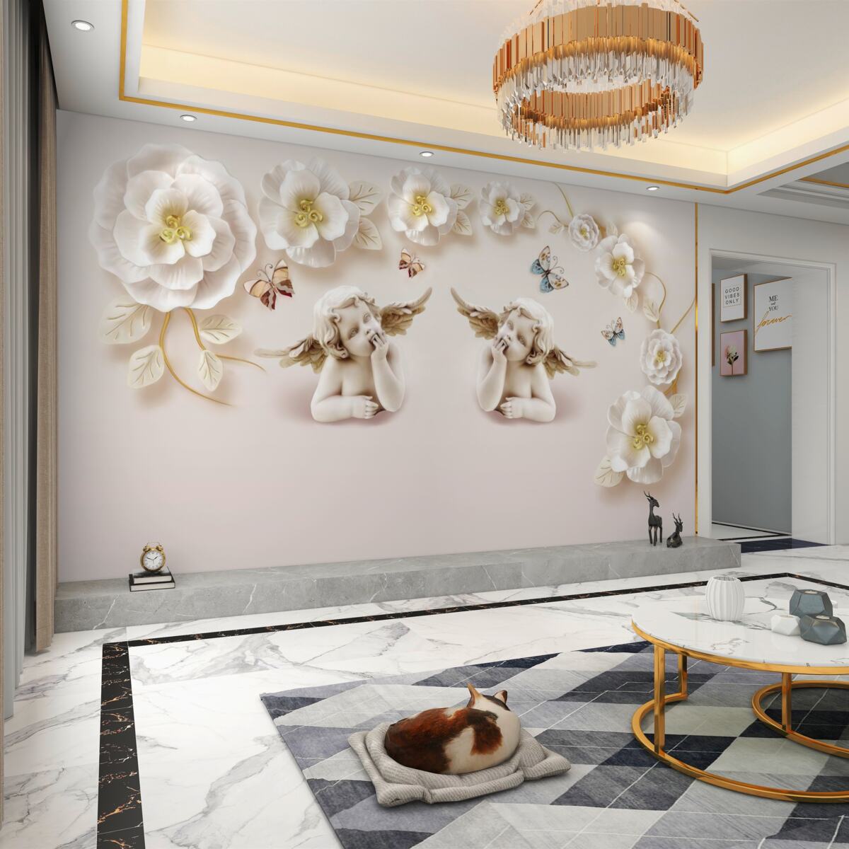 Fototapeta Dwa anioły, białe róże i motyle