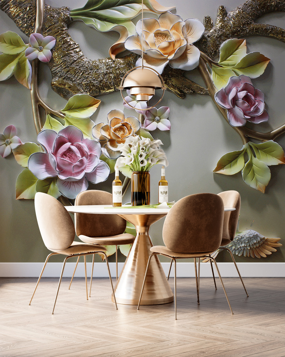 Fototapeta żółte i fioletowo-białe kwiaty lotosu i ptak