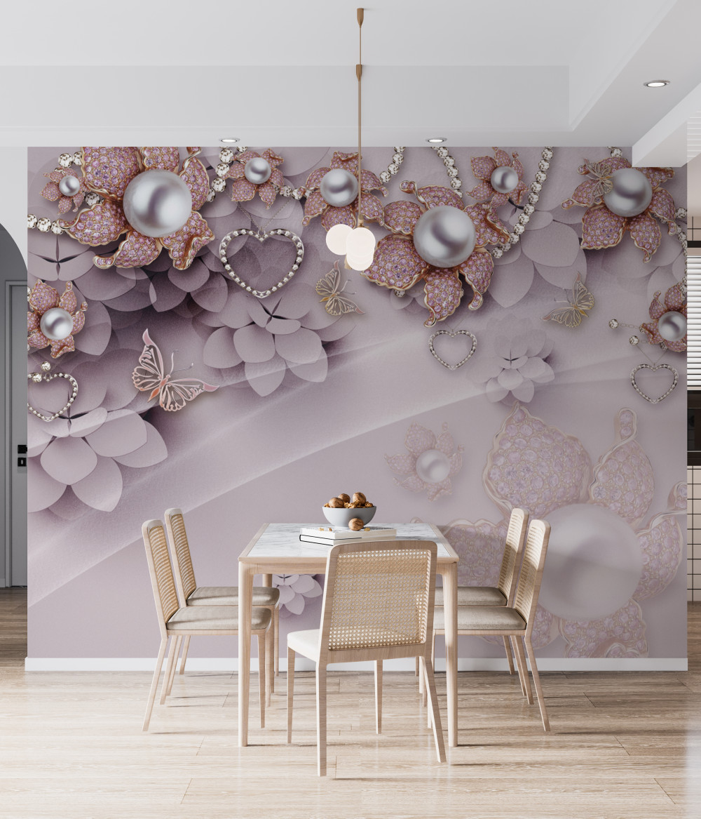 Fototapeta delikatne różowe kwiaty z perełkami pośrodku