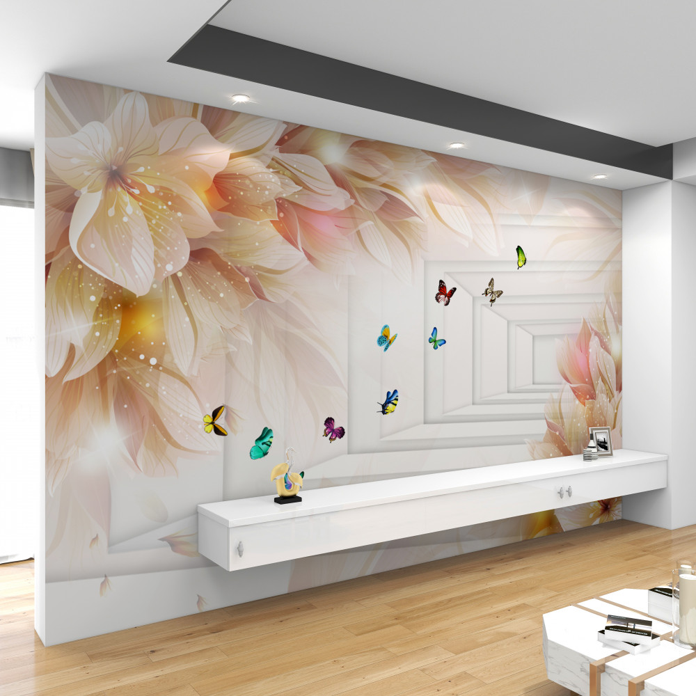 Fototapeta kolorowe kwiaty i motyle w tunelu