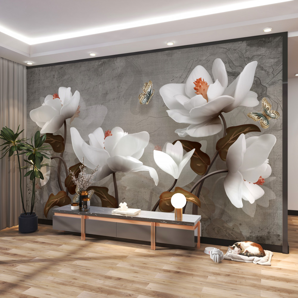 Fototapeta motyl latający nad białymi kwiatami