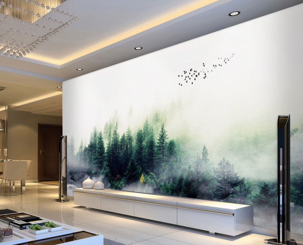 Fototapeta ptaki nad mglistym lasem