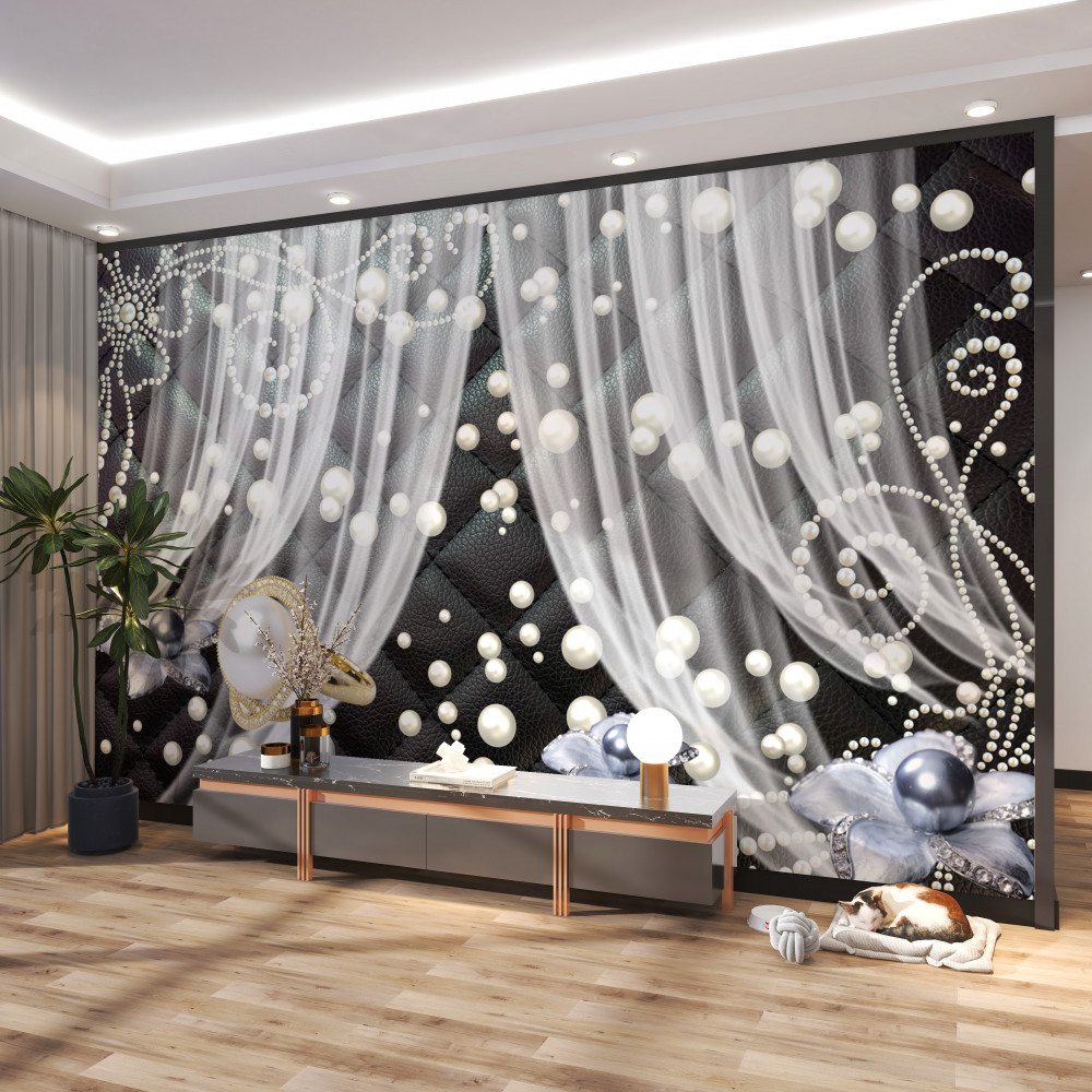 Fototapeta białe zasłony i złote dekoracje