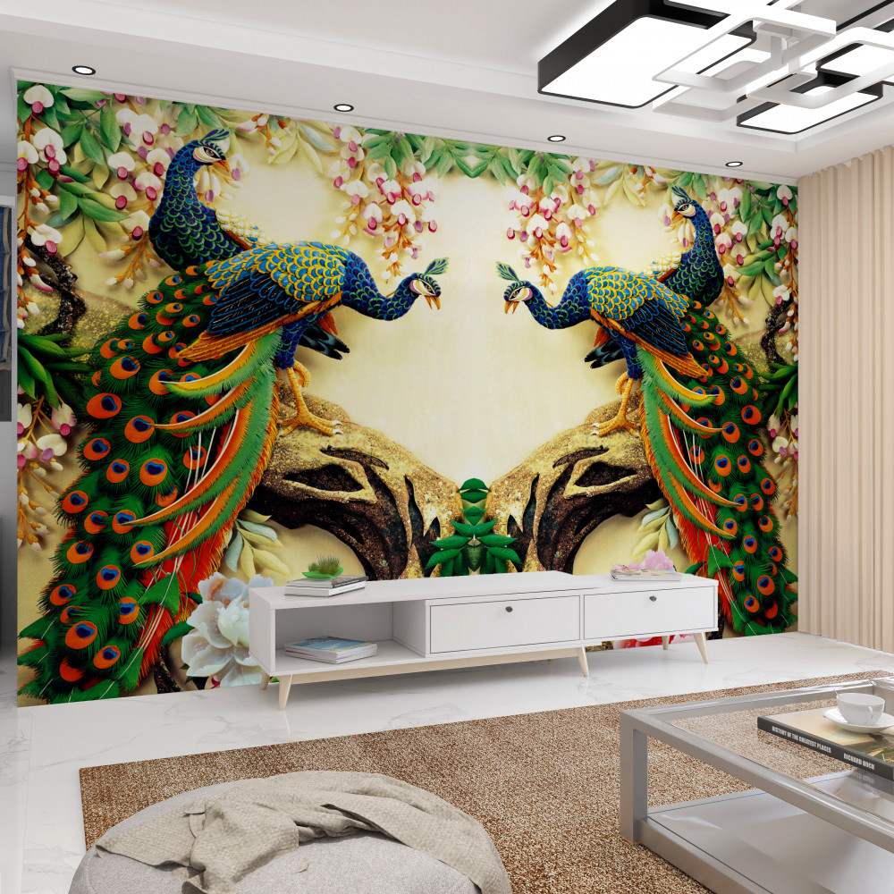 Fototapeta piękne pawie odpoczywające na kwitnącym drzewie