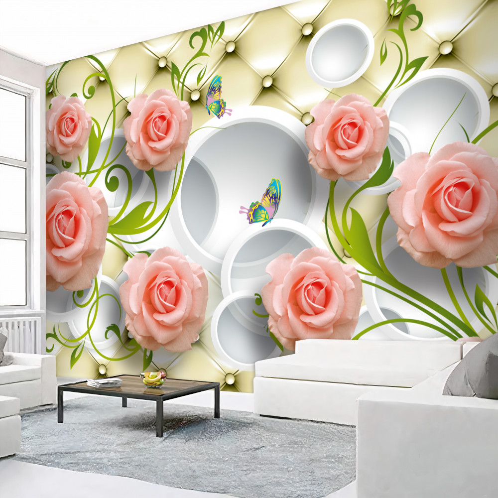 Fototapeta różowa róża na gałęziach na beżowym tle