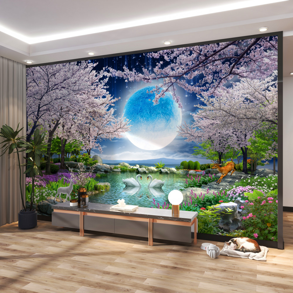 Fototapeta bajkowy księżyc w kwitnącym ogrodzie sakura