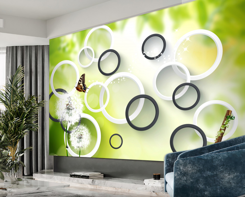 Fototapeta motyle i białe mlecze na zielonym tle