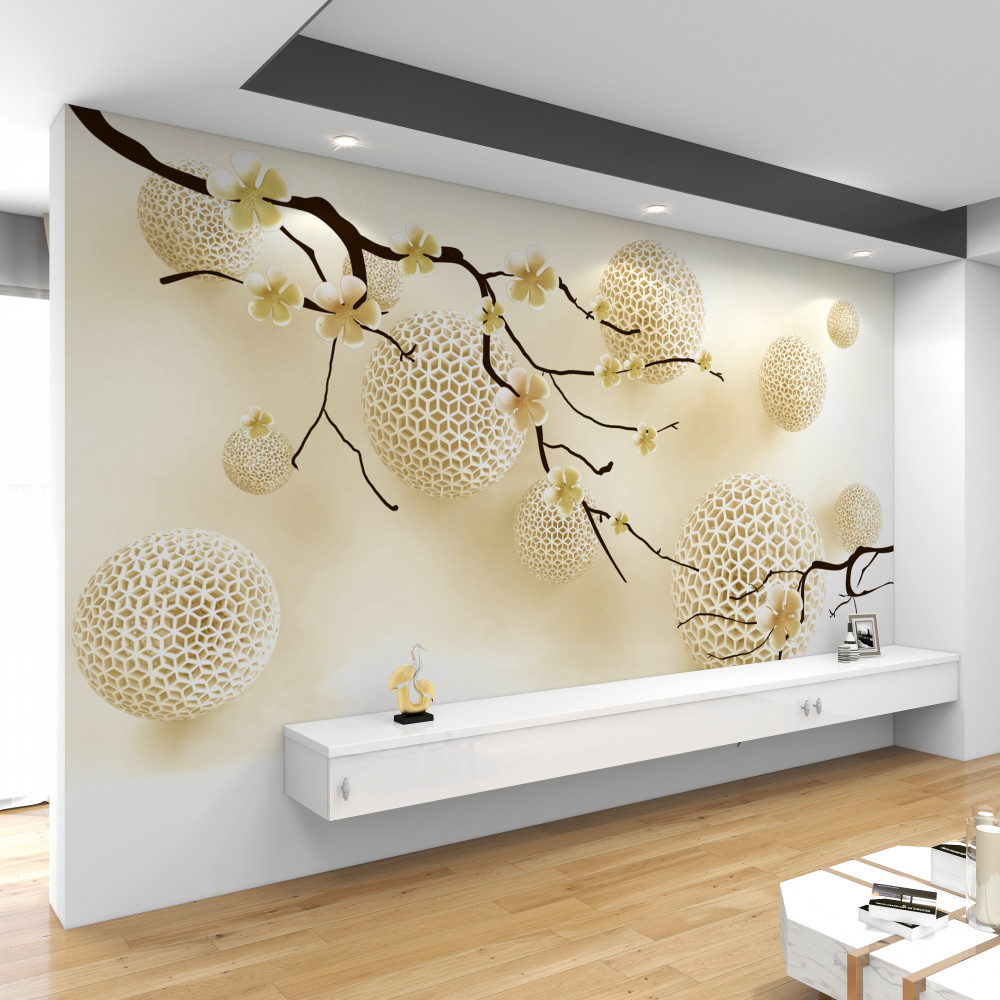 Fototapeta gałęzie kwiatów w pąkach i złote kule