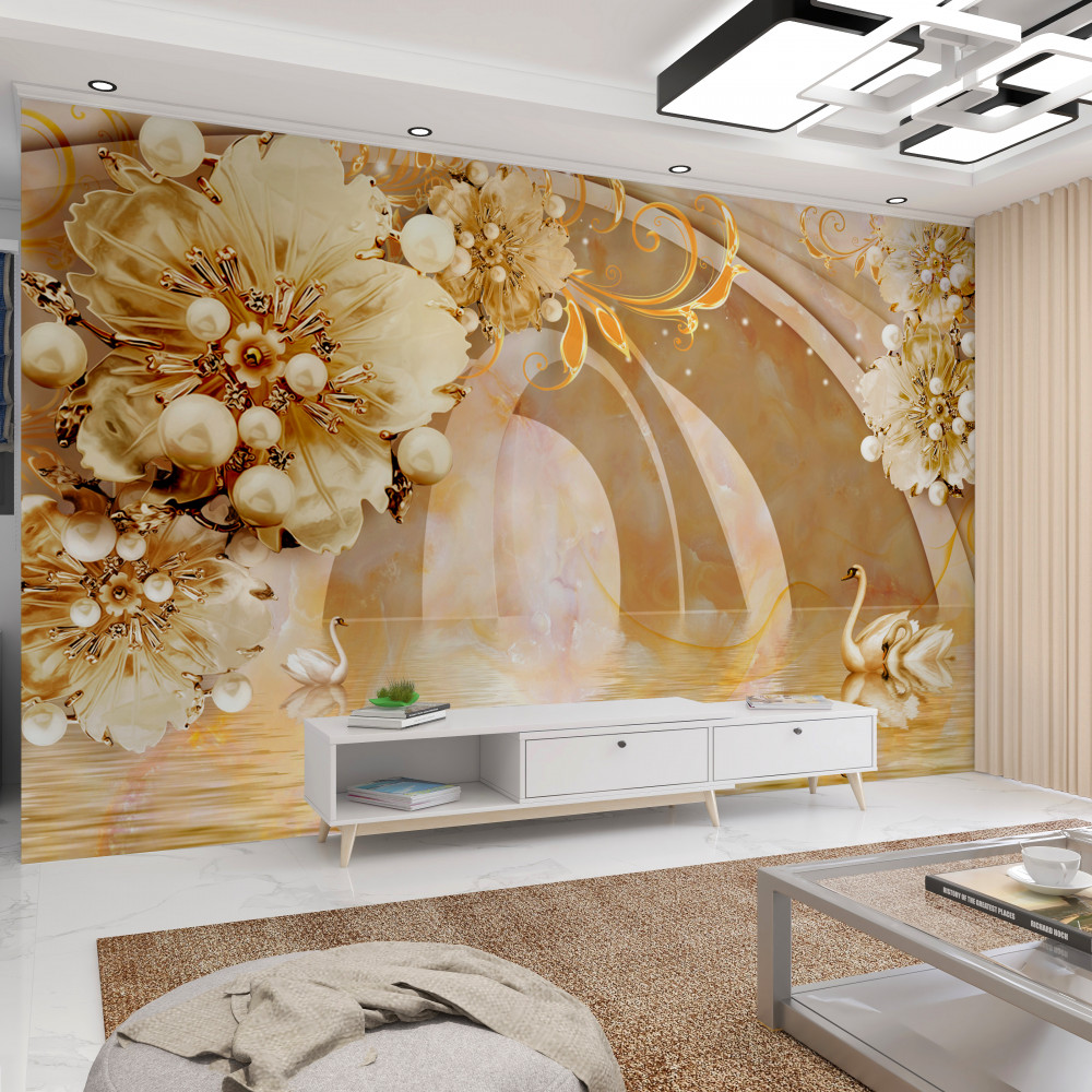 Fototapeta złote jezioro z łabędziami i kwiatami