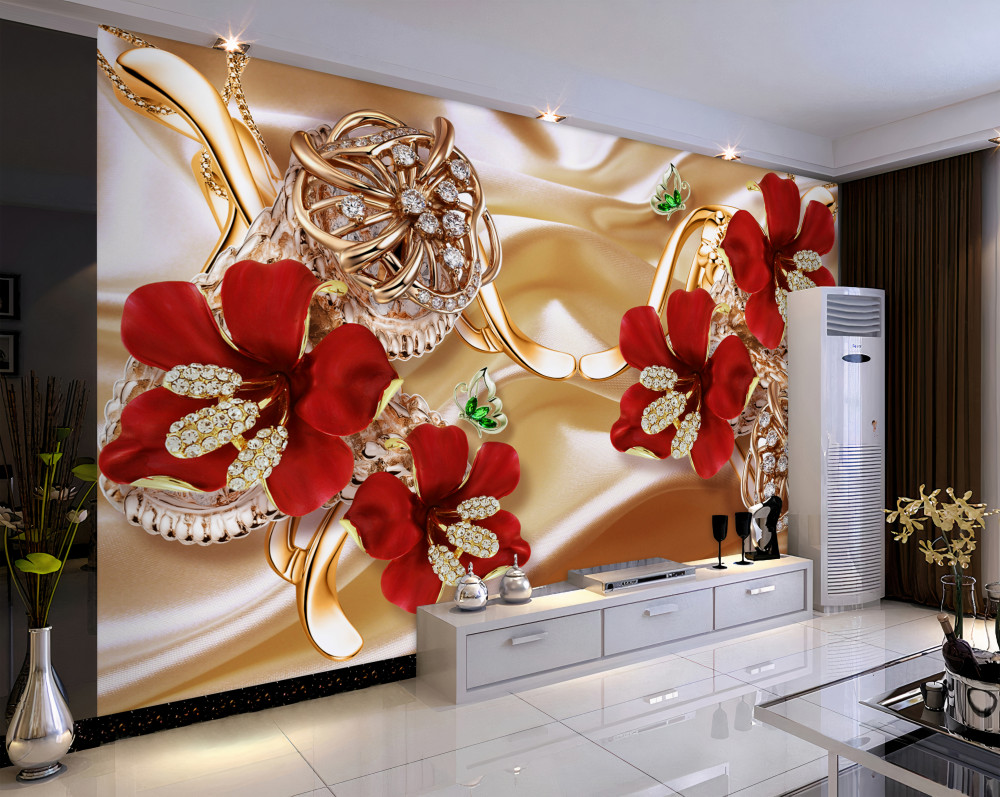 Fototapeta czerwone kwiaty na złotym jedwabiu z dekoracjami