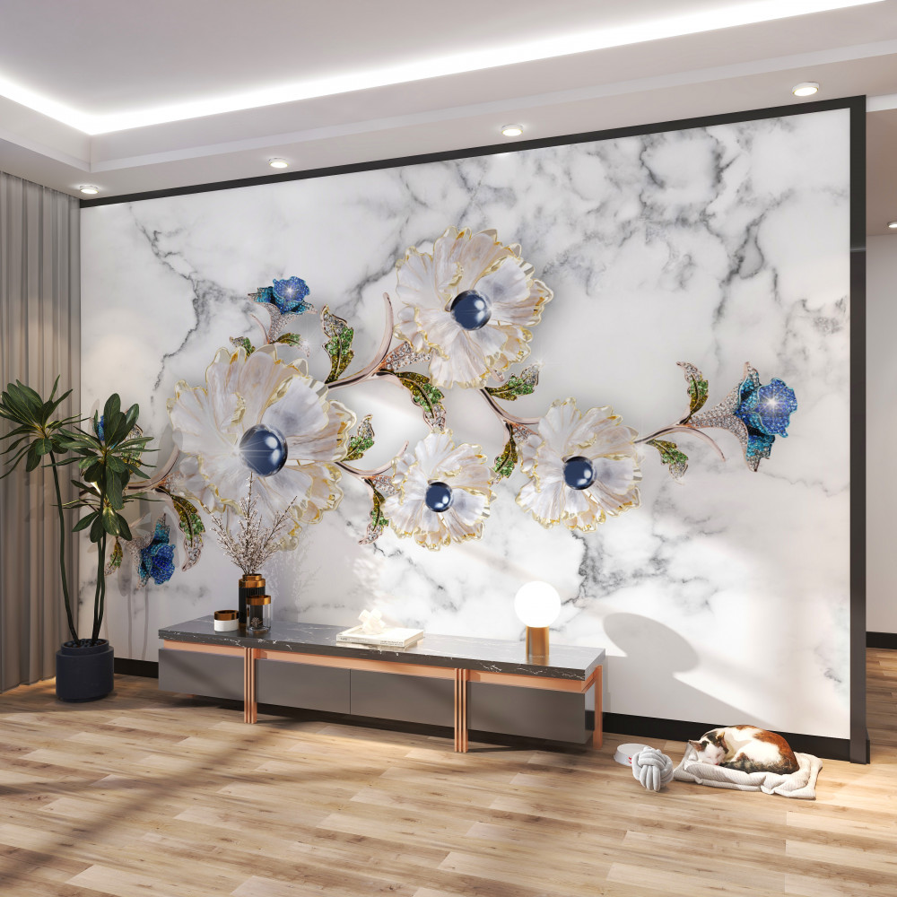 Fototapeta białe kwiaty z perłami na marmurze