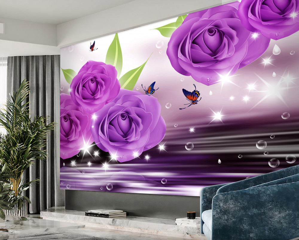 Fototapeta ciemnofioletowe róże i motyle