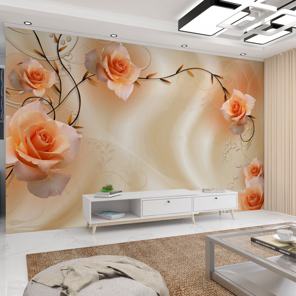 Fototapeta brzoskwiniowa róża na gałęziach i jedwabiu