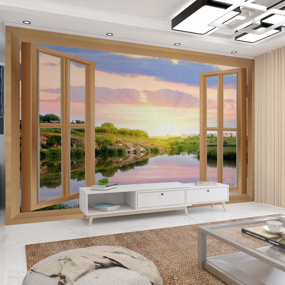 Fototapeta spokojna woda i widok na łąki z okna