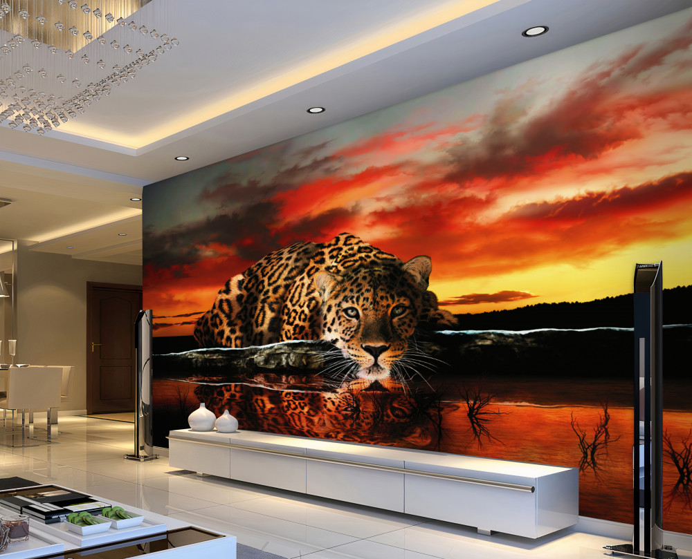 Fototapeta lampart w odbiciu o zachodzie słońca