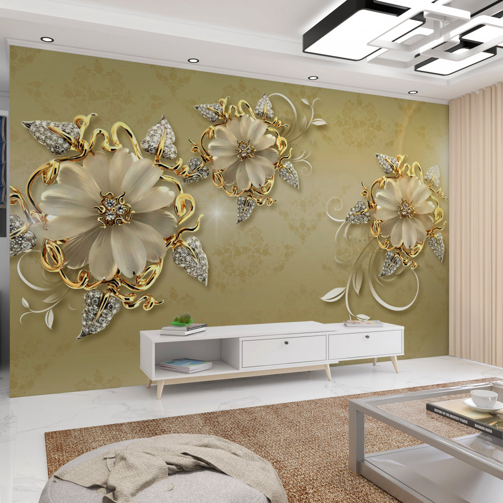 Fototapeta białe kwiaty ze złotymi i srebrnymi gałązkami