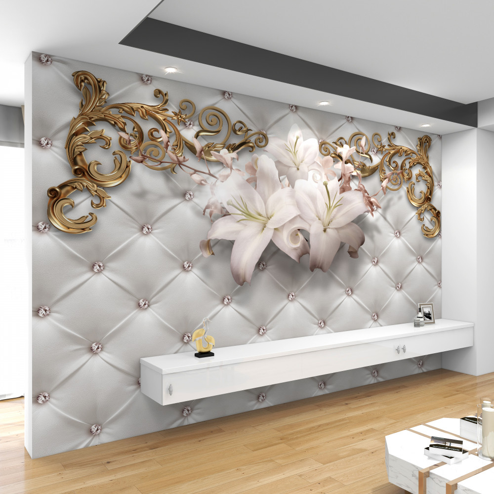 Fototapeta białe kwiaty z dżetów i złota