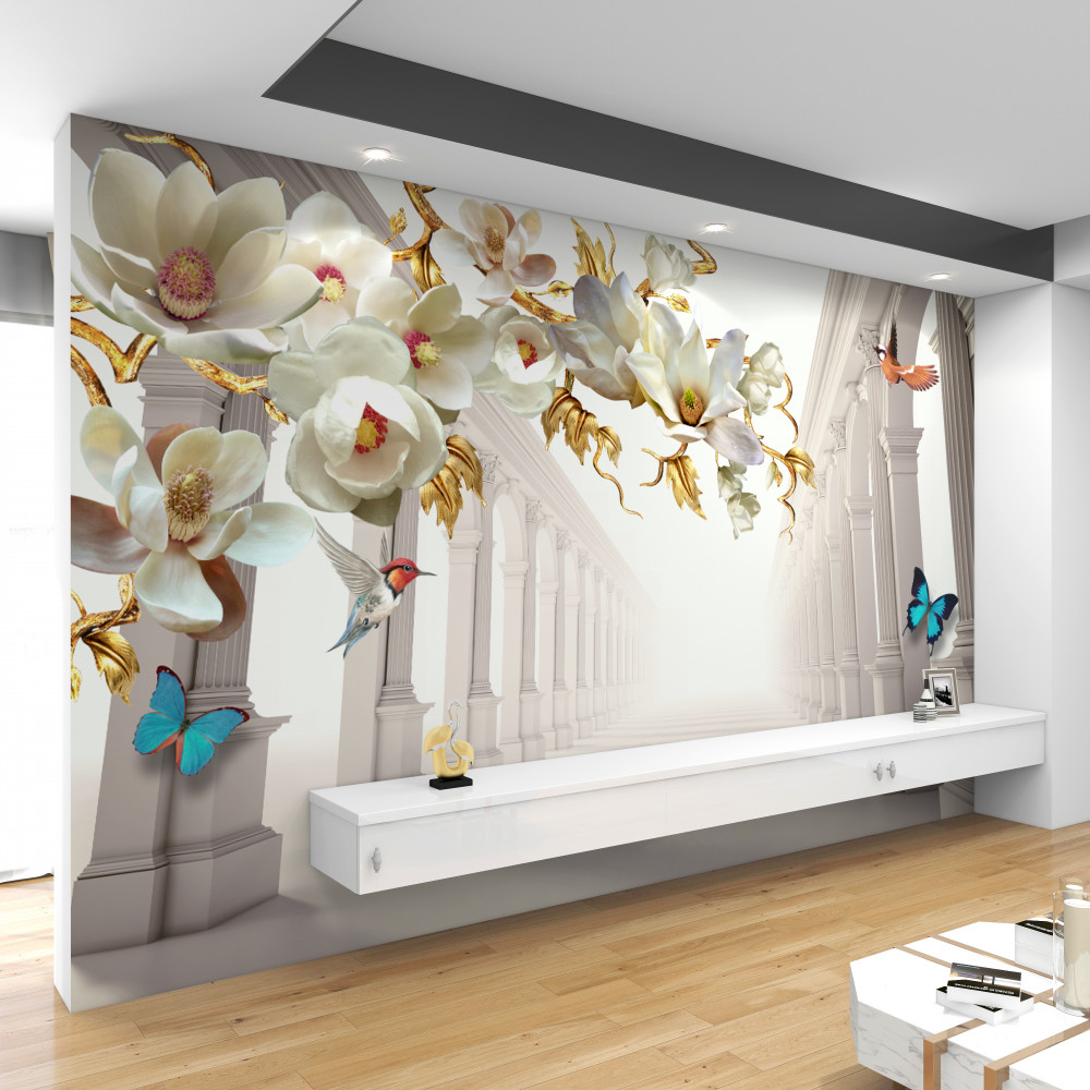 Fototapeta motyle i białe kwiaty ze złotymi liśćmi w łukach