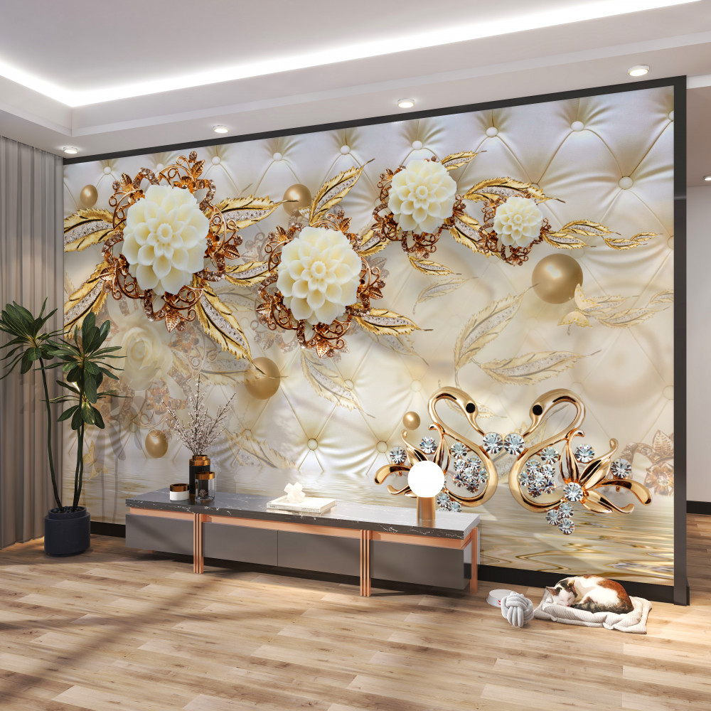 Fototapeta złote łabędzie i białe kwiaty na złocie