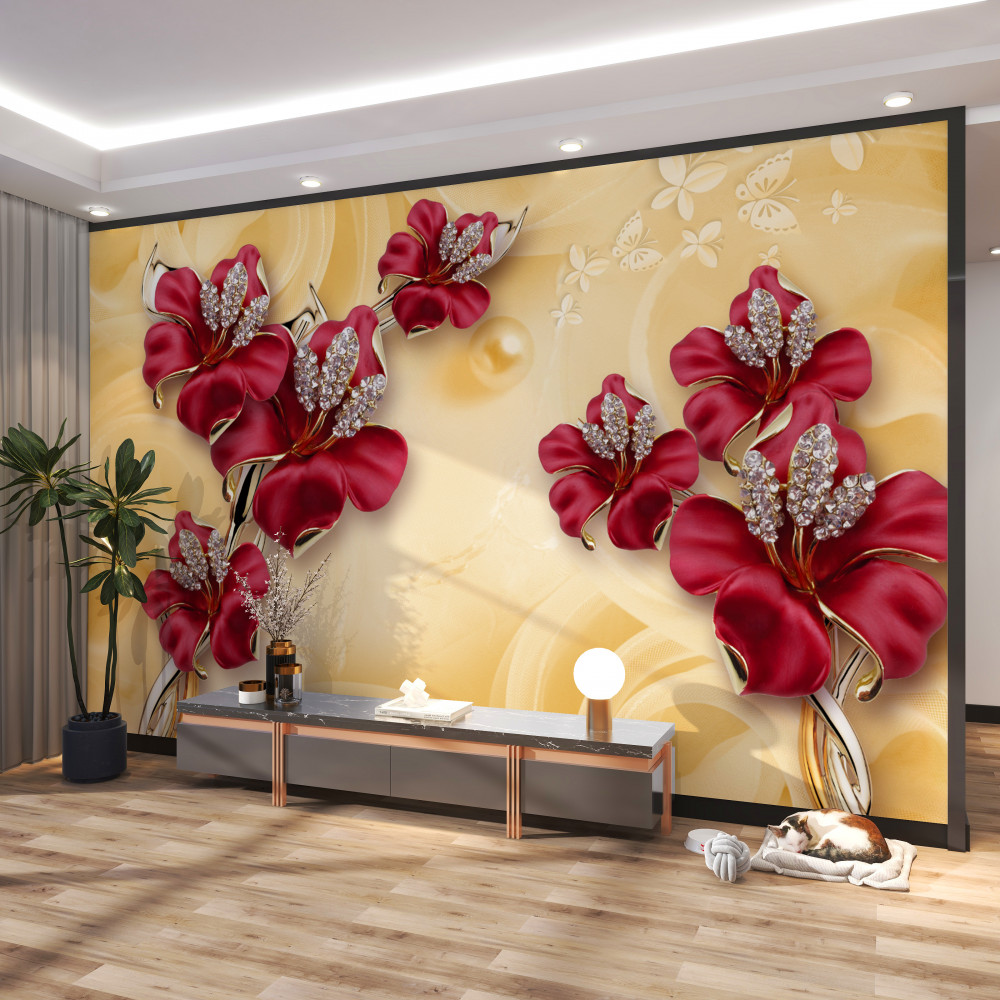 Fototapeta czerwona lilia z dżetów i złota