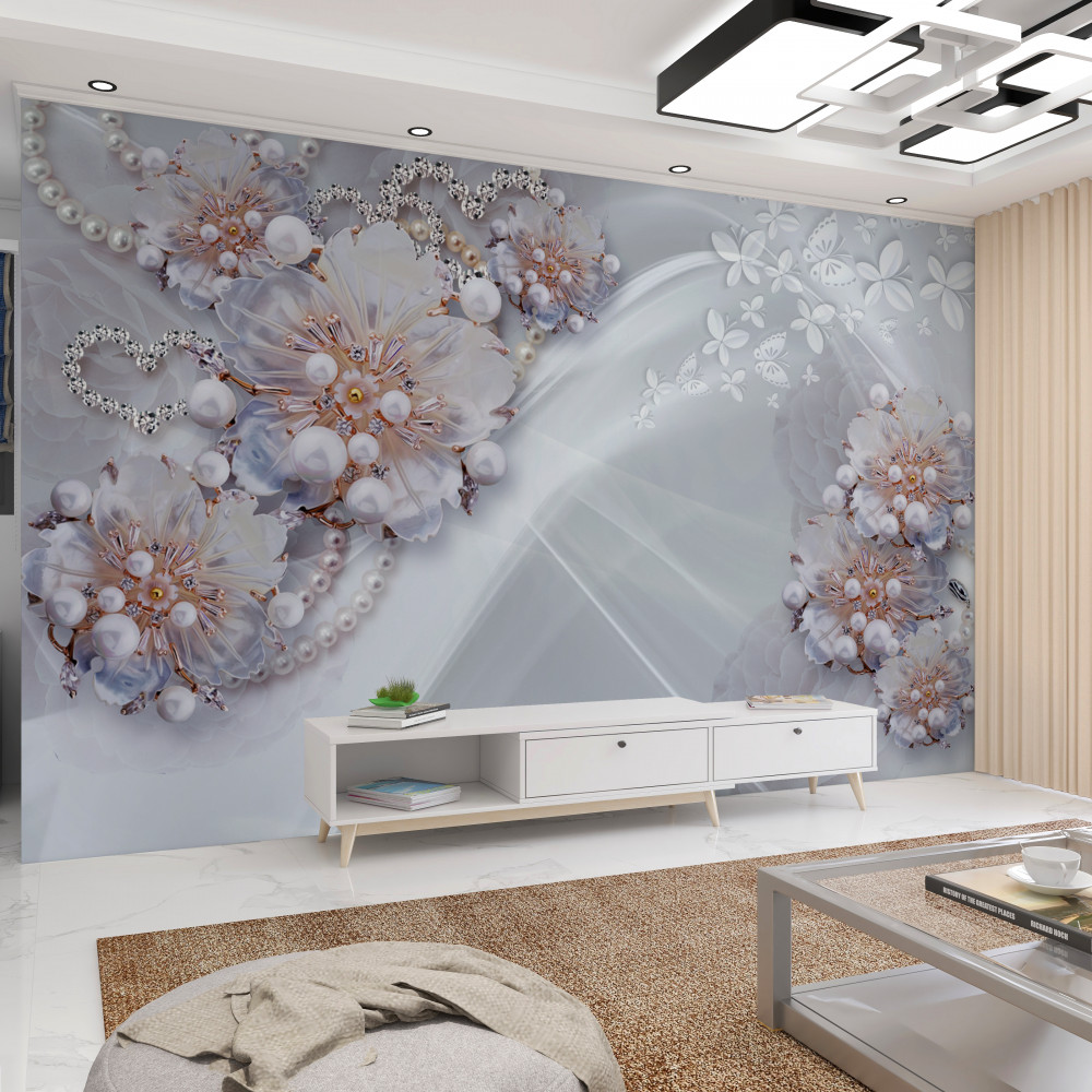 Fototapeta delikatne kwiaty z perłami na jedwabiu