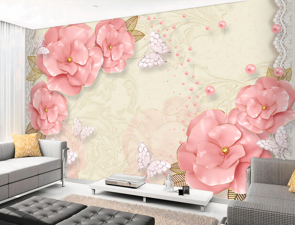 Fototapeta ogromne różowe kwiaty i białe motyle