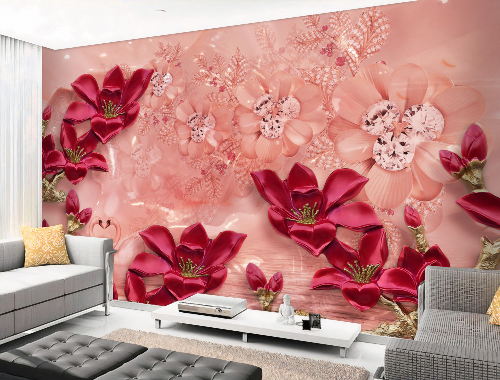 Fototapeta czerwone kwiaty na różowym jedwabiu