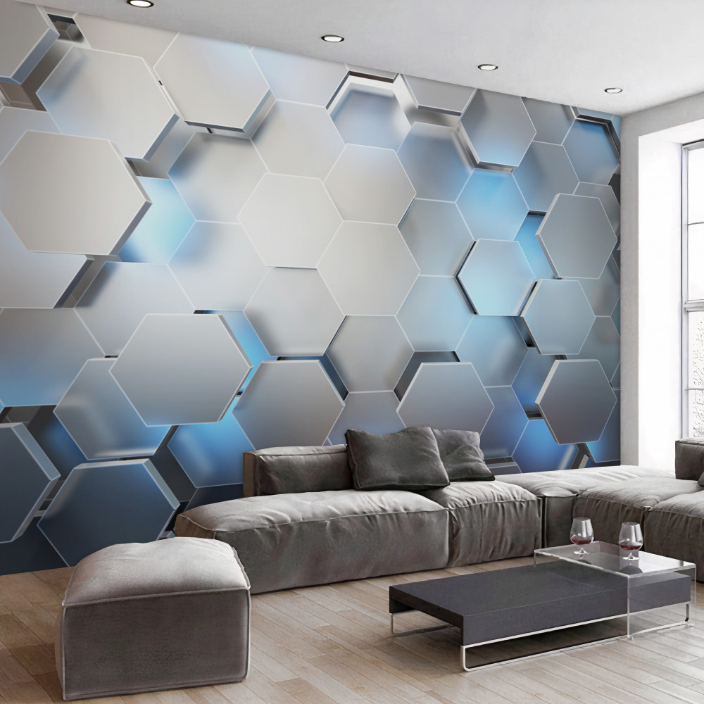 Fototapeta szare sześciokąty z niebieskim podświetleniem