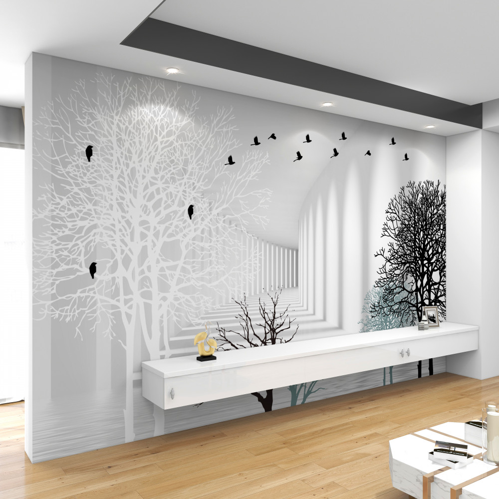 Fototapeta powalone drzewa i ptaki latające jesienią