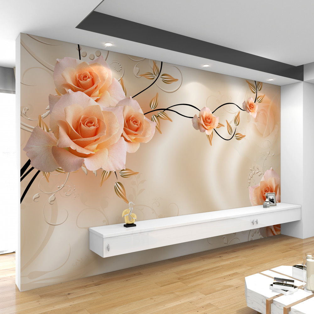 Fototapeta brzoskwiniowy jedwab z kwiatami róży