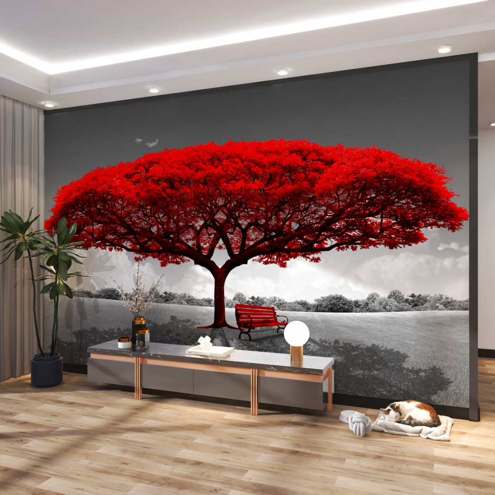 Fototapeta czerwone drzewo życia na szarej łące